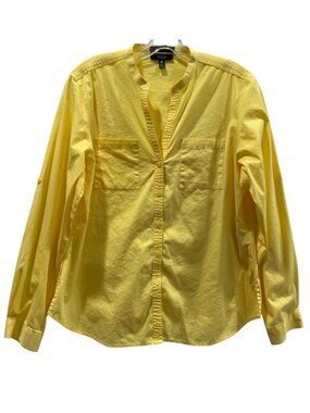 Foxcroft Stretch Fitted Button Front Shirt 16P Yellow Roll Tab Sleeve Dopamine